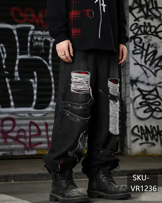 Mens Y2K Gothic Skeleton Hand Plaid Patchwork Distressed Baggy Wide Leg Jeans VR1236
