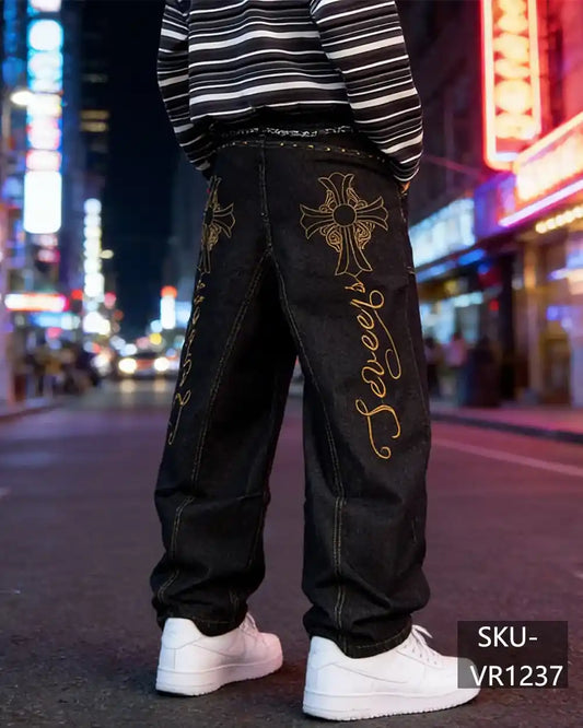 Mens Y2K Gothic Cross Embroidery Baggy Wide Leg Jeans Vintage Streetwear Denim Pants VR1237