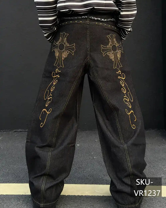 Mens Y2K Gothic Cross Embroidery Baggy Wide Leg Jeans Vintage Streetwear Denim Pants VR1237