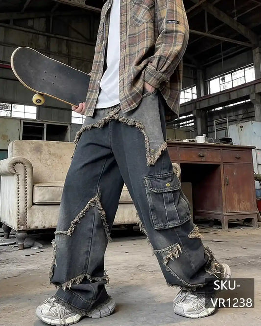 Mens Y2K Distressed Frayed Patchwork Cargo Baggy Wide Leg Jeans Vintage Streetwear Denim Pants VR1238