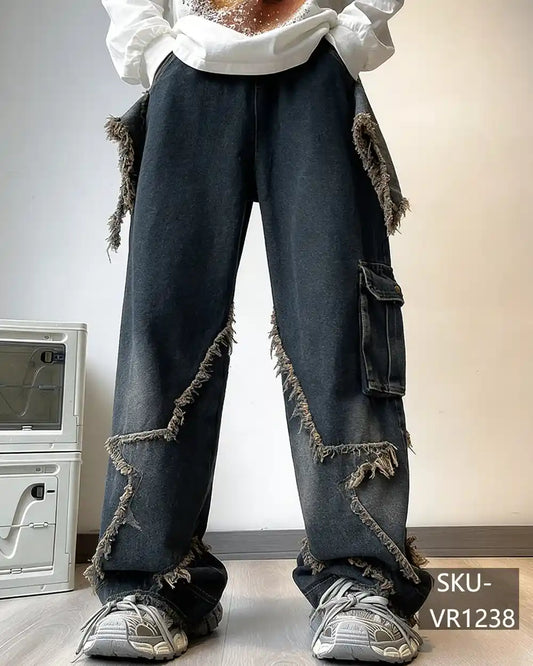 Mens Y2K Distressed Frayed Patchwork Cargo Baggy Wide Leg Jeans Vintage Streetwear Denim Pants VR1238