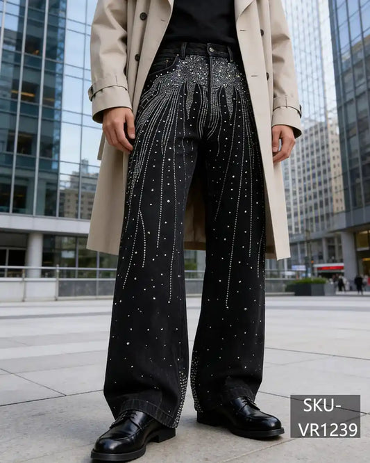 Mens Y2K Rhinestone Embellished Baggy Wide Leg Jeans Sparkling Crystal Streetwear Denim Pants VR1239