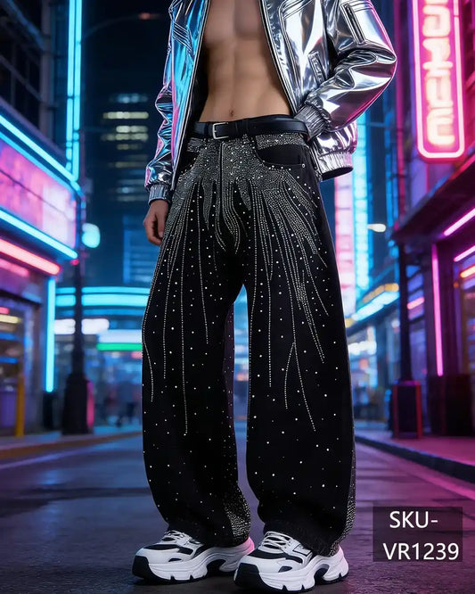 Mens Y2K Rhinestone Embellished Baggy Wide Leg Jeans Sparkling Crystal Streetwear Denim Pants VR1239