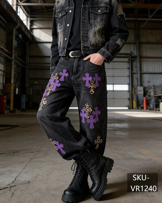 Mens Y2K Gothic Purple Cross Leopard Patchwork Baggy Wide Leg Jeans Vintage Streetwear Denim Pants VR1240