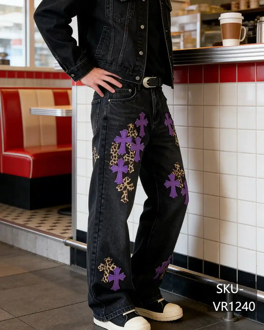Mens Y2K Gothic Purple Cross Leopard Patchwork Baggy Wide Leg Jeans Vintage Streetwear Denim Pants VR1240