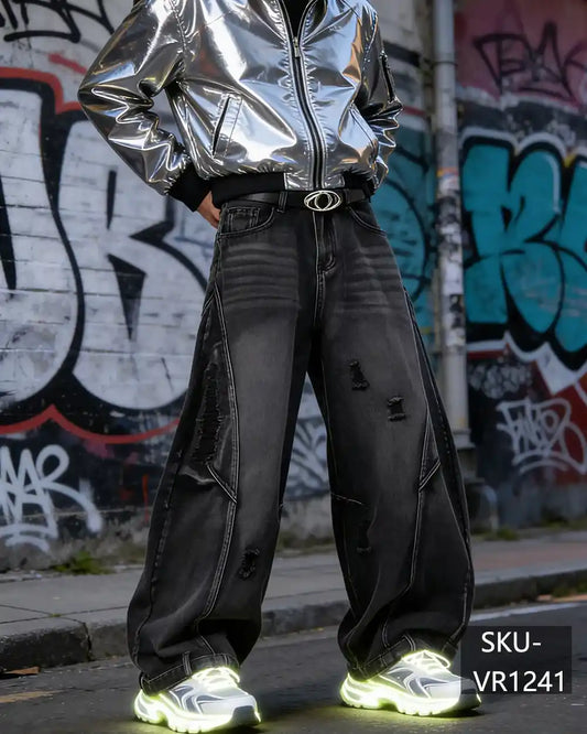 Mens Y2K Cyberpunk Distressed Baggy Wide Leg Jeans Vintage Washed Streetwear Denim Pants VR1241