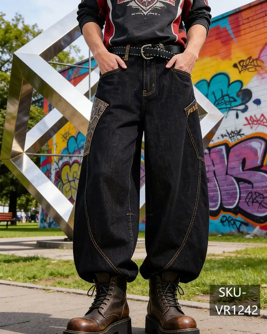 Mens Y2K Gothic Snakeskin Patchwork Baggy Wide Leg Jeans Vintage Streetwear Denim Pants VR1242