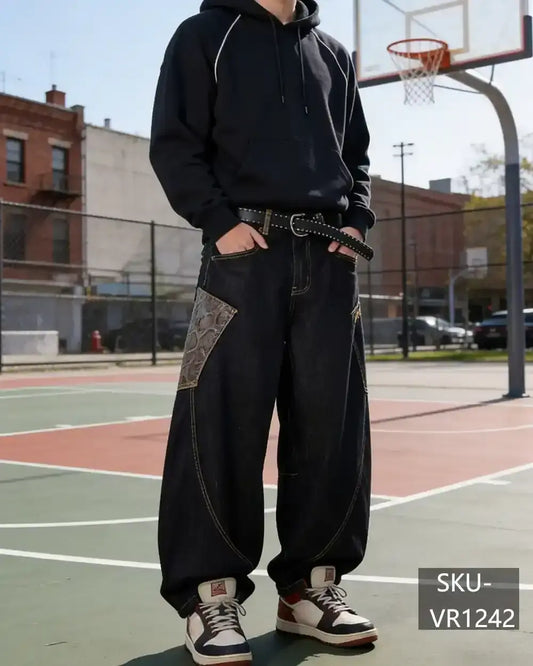 Mens Y2K Gothic Snakeskin Patchwork Baggy Wide Leg Jeans Vintage Streetwear Denim Pants VR1242