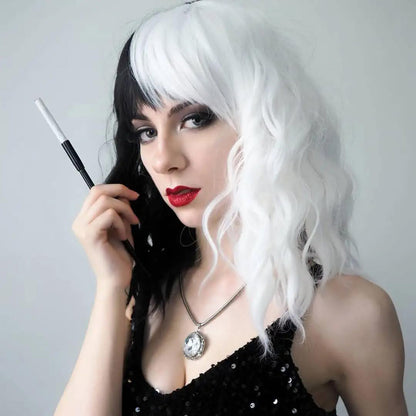 Women's Split-Color Black & White 12in Short Curly Bob Wig with Bangs