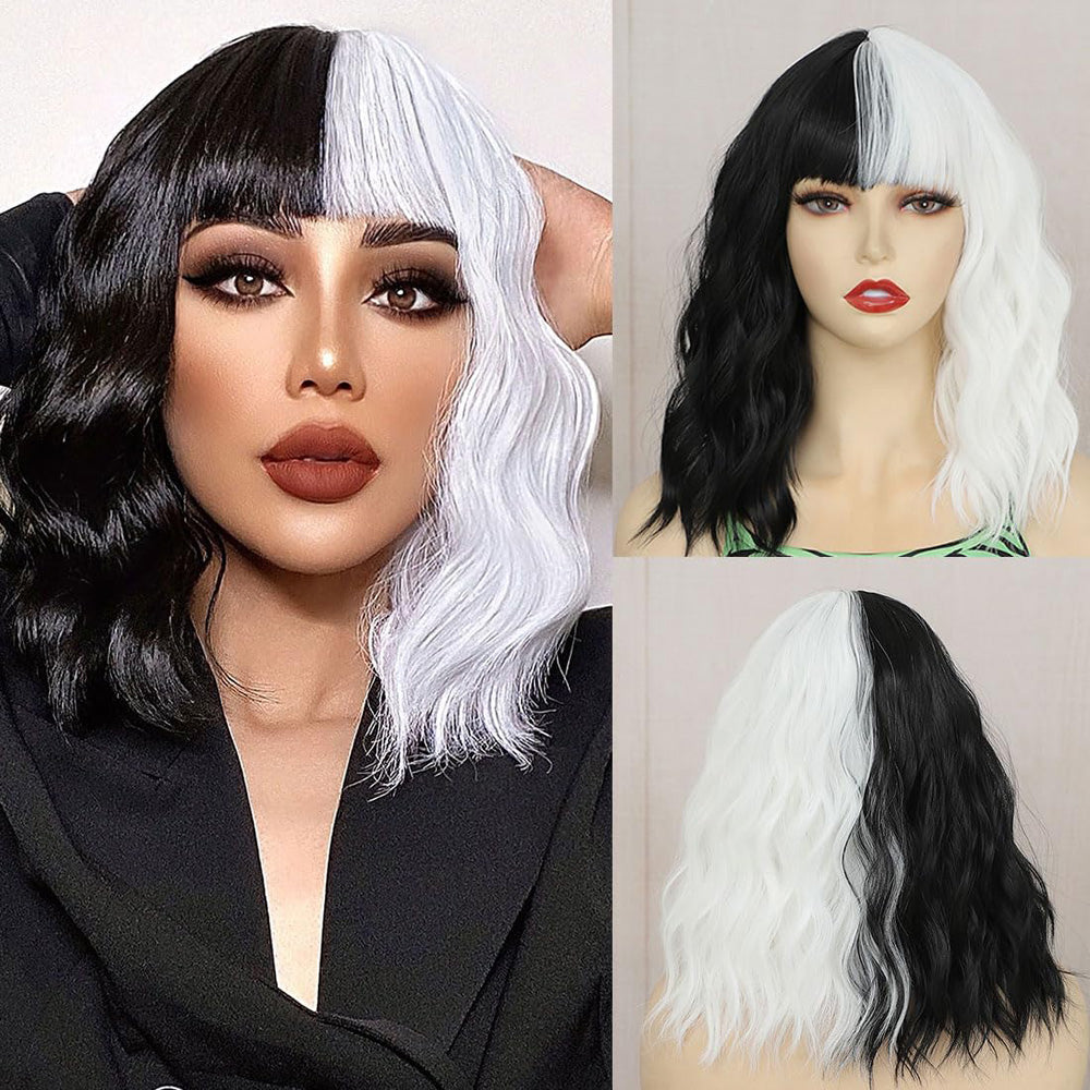 Women's Split-Color Black & White 12in Short Curly Bob Wig with Bangs