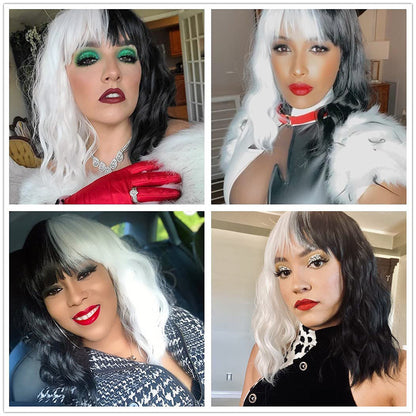 Women's Split-Color Black & White 12in Short Curly Bob Wig with Bangs