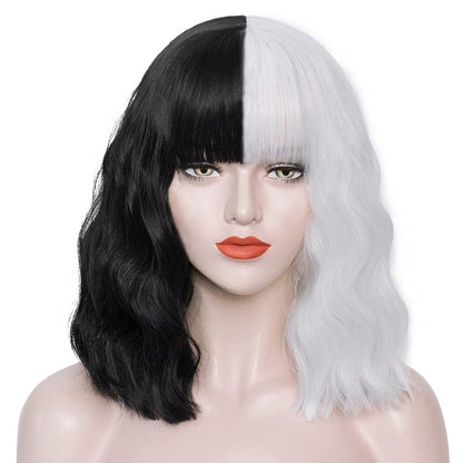 Women's Split-Color Black & White 12in Short Curly Bob Wig with Bangs