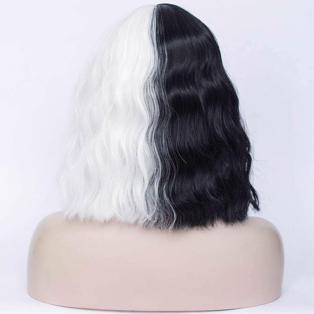 Women's Split-Color Black & White 12in Short Curly Bob Wig with Bangs